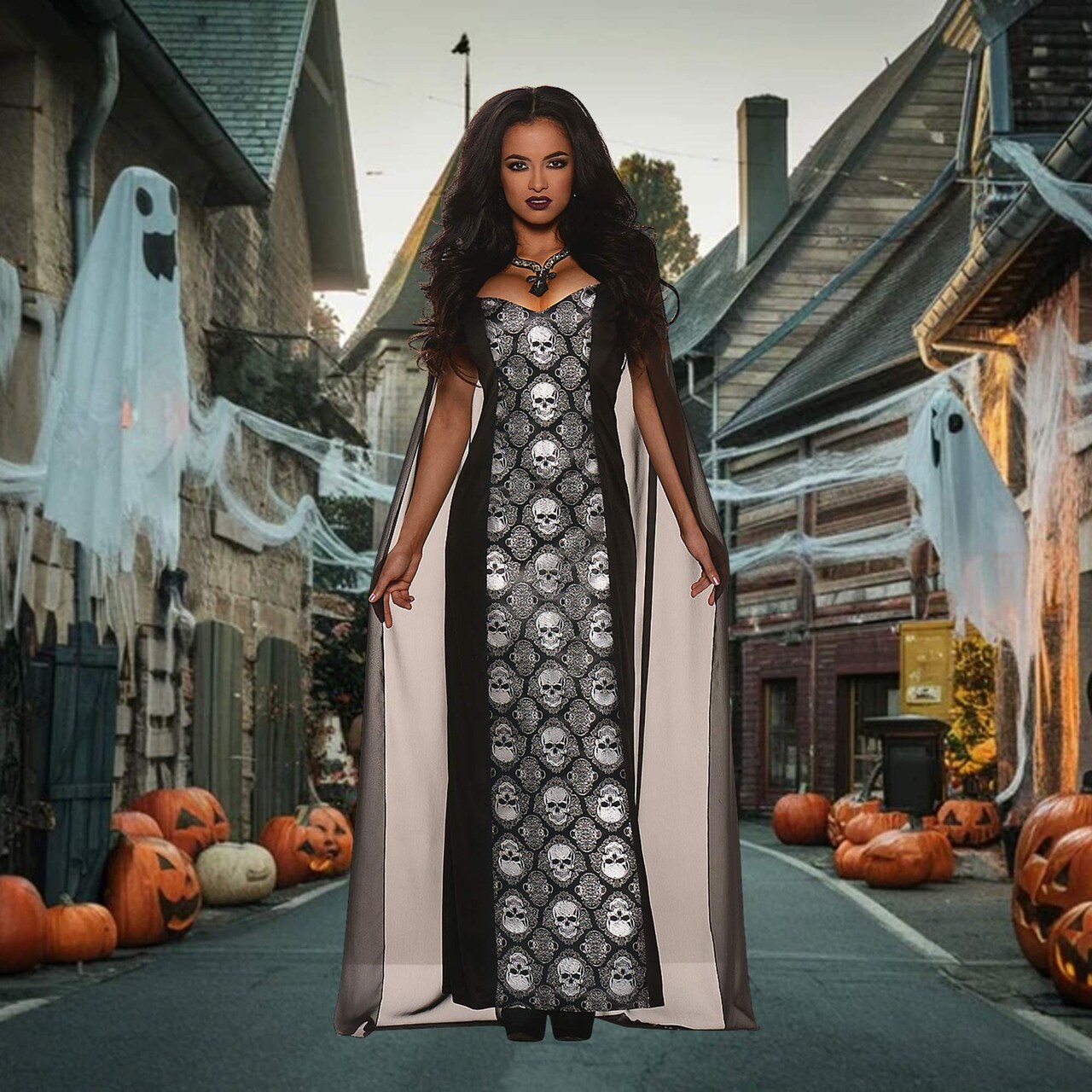 Womens Mortalia Costume Full Length Dress Skull Jacquard Trim Halloween